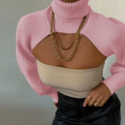 Turtleneck wool knit sleeves solid color sweater - Image 6