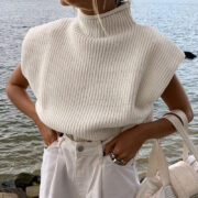 Pure Color Wool Knit Sweater Sexy Temperament High Neck Short Sleeve Sweater Top Women - Image 2