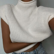 Pure Color Wool Knit Sweater Sexy Temperament High Neck Short Sleeve Sweater Top Women - Image 3