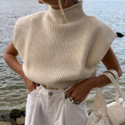 Pure Color Wool Knit Sweater Sexy Temperament High Neck Short Sleeve Sweater Top Women - Image 5