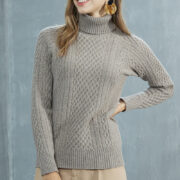 Women's High-neck Cable Knit Wool Sweater - Image 10