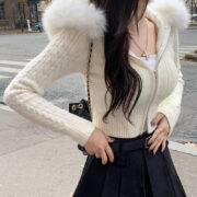 Women's Wool Stitching Hooded Wool Top With Twist Zipper Nipped Waist Knit Sweater - Image 2