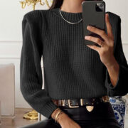 Women's long-sleeved round neck padded wool knit sweater - Image 2