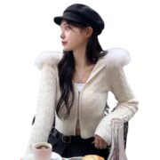 Women's Wool Stitching Hooded Wool Top With Twist Zipper Nipped Waist Knit Sweater - Image 5