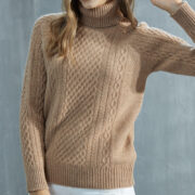 Women's High-neck Cable Knit Wool Sweater - Image 8