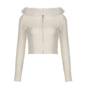 Women's Wool Stitching Hooded Wool Top With Twist Zipper Nipped Waist Knit Sweater - Image 6