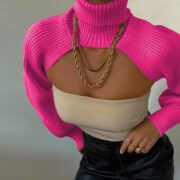 Turtleneck wool knit sleeves solid color sweater - Image 7