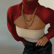 Turtleneck wool knit sleeves solid color sweater - Image 9
