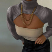 Turtleneck wool knit sleeves solid color sweater - Image 5