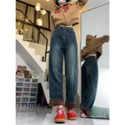 Fleece-lined Thick Jeans Female High Waist Straight Pants - Image 7