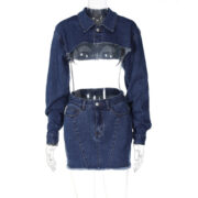 Denim Long Sleeve Jacket Overcoat Slim Skirt Set - Image 7